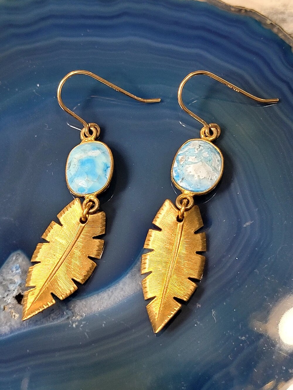 Gold Palm Leaves Drop Earrings with Blue Stone